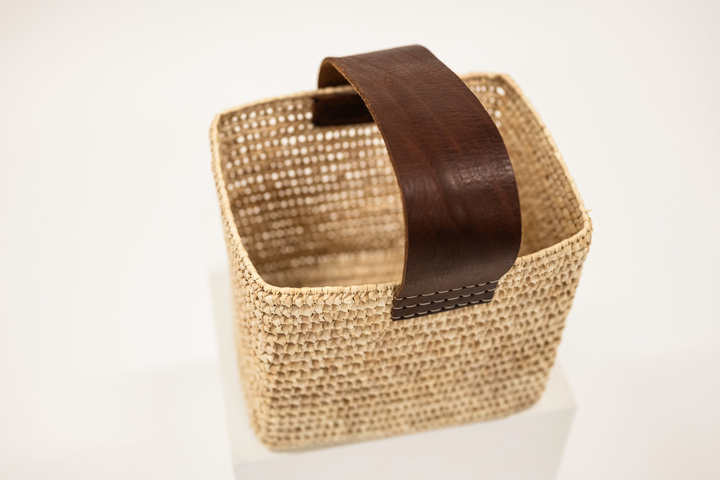Square Basket With Wide Leather Strap