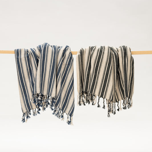 karakiz natural stripe turkish linen towel in black and navy