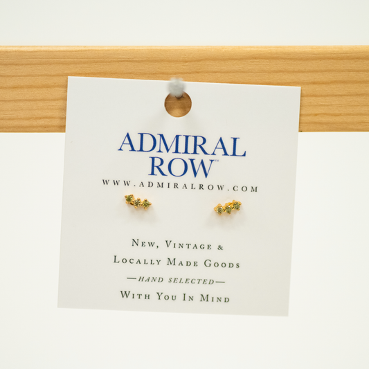 Olive Green Stud Earrings with three gems for a slight curve stud earring set in gold
