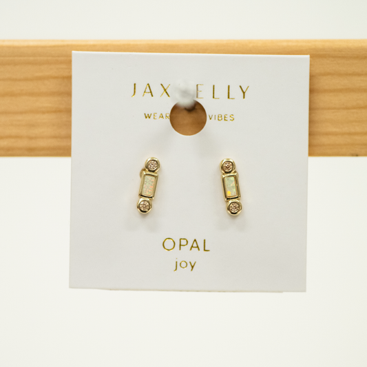 Opal Bar Stud Earring with bar shaped opal and two CZ stones set in gold