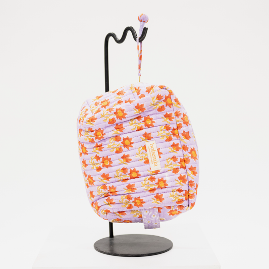 lilac block print quilted travel makeup bag with waterproof liner