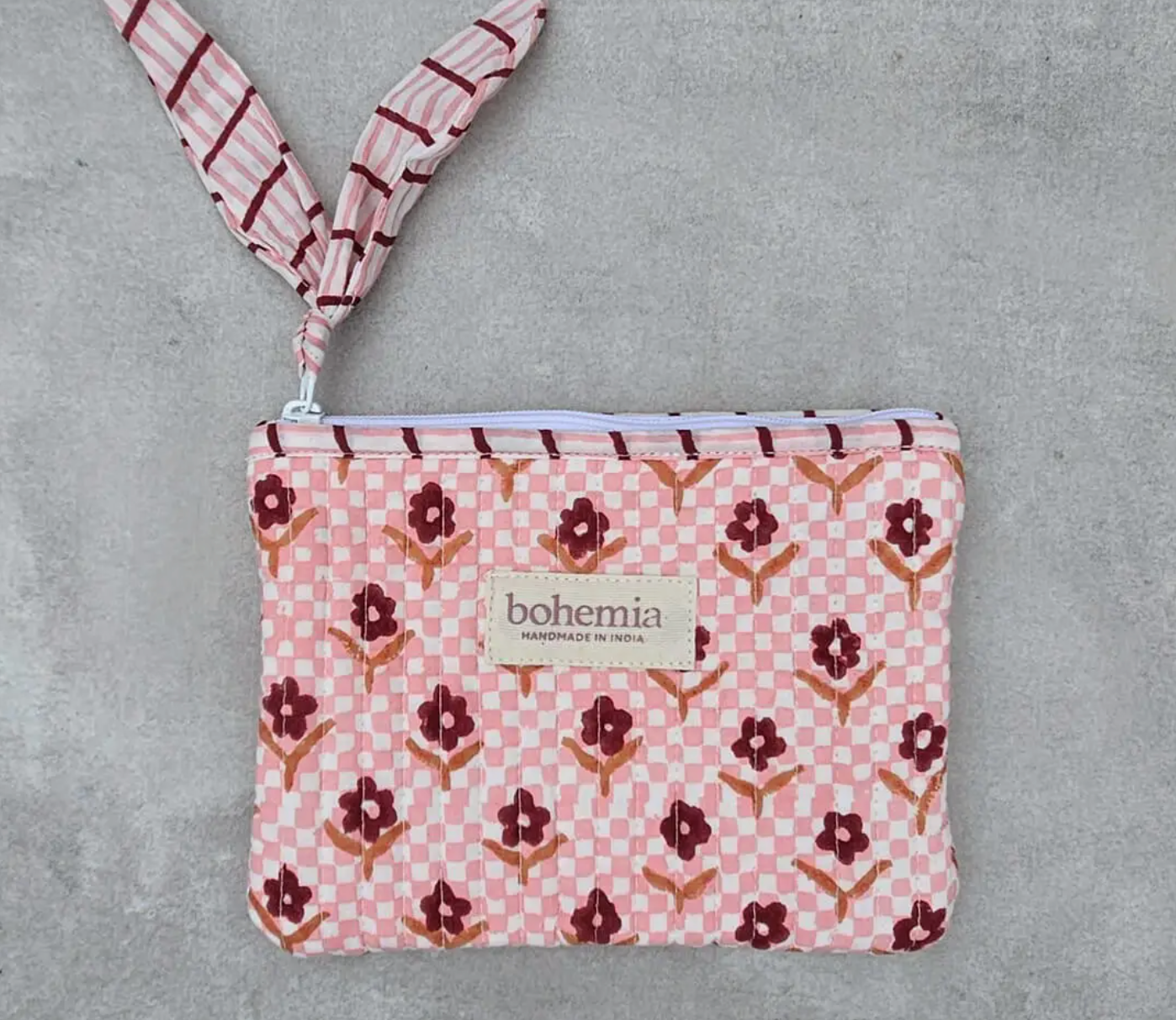 Pink Daisy Check Quilted Zip Pouch