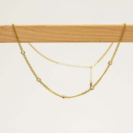 White Opal Necklace 18k Gold Plated On Wooden Hanger and White Background