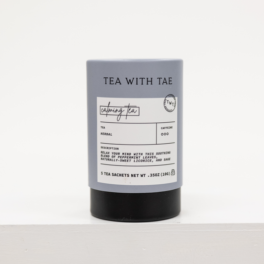 calming herbal tea blend in cardboard container with five tea bags
