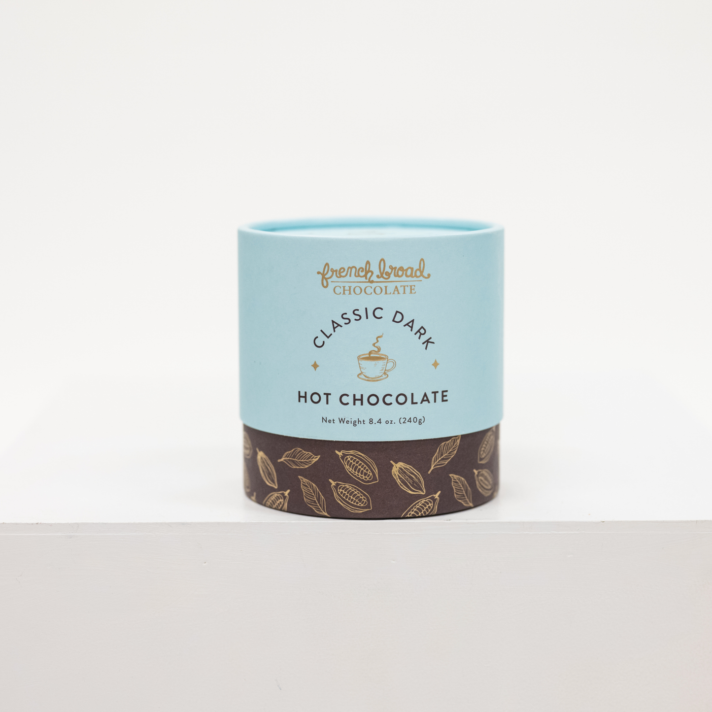 Container of French Broad Classic Dark Hot Chocolate on a white background