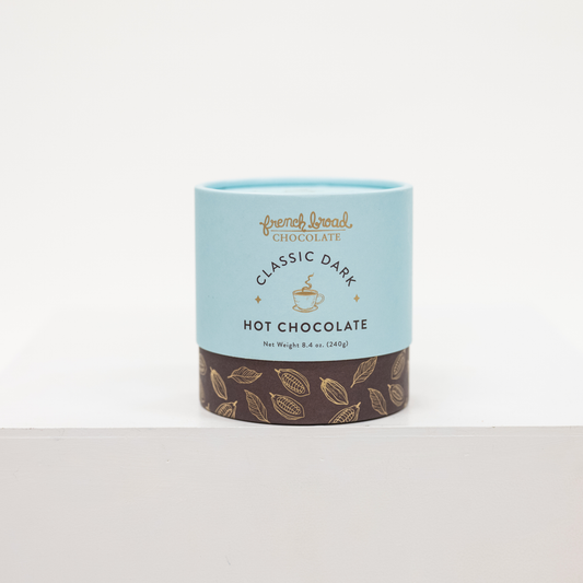 Container of French Broad Classic Dark Hot Chocolate on a white background