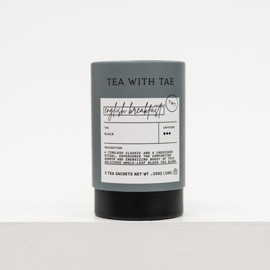 english breakfast herbal tea bags in cardboard container with five tea bags