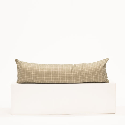 moss green with grid pattern on a long lumbar pillow