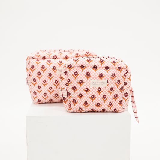 Pink Daisy Check Quilted Makeup Bag