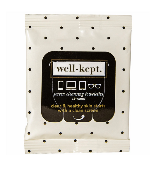 A black and white polka dot cover pack of screen cleaning towelettes for electronics and glasses