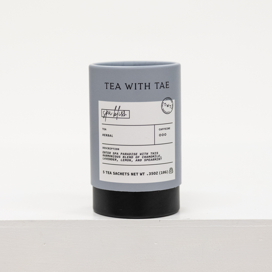 spa bliss herbal tea container with five tea bags