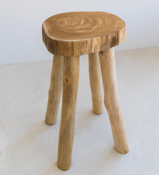 solid teak wood stool with four legs and live edge top