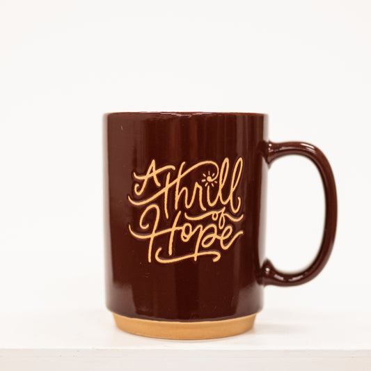 burgundy coffee mug with a thrill of hope engraved
