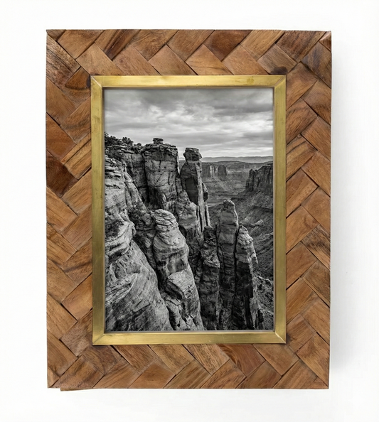 herringbone wood frame with brass detailing