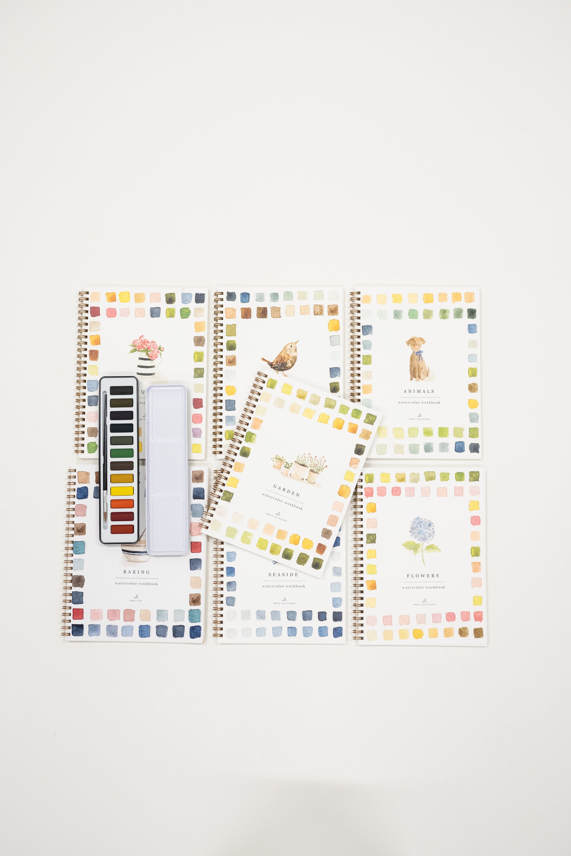 a collection of watercolor workbooks by Emily Lex and a watercolor paint palette 