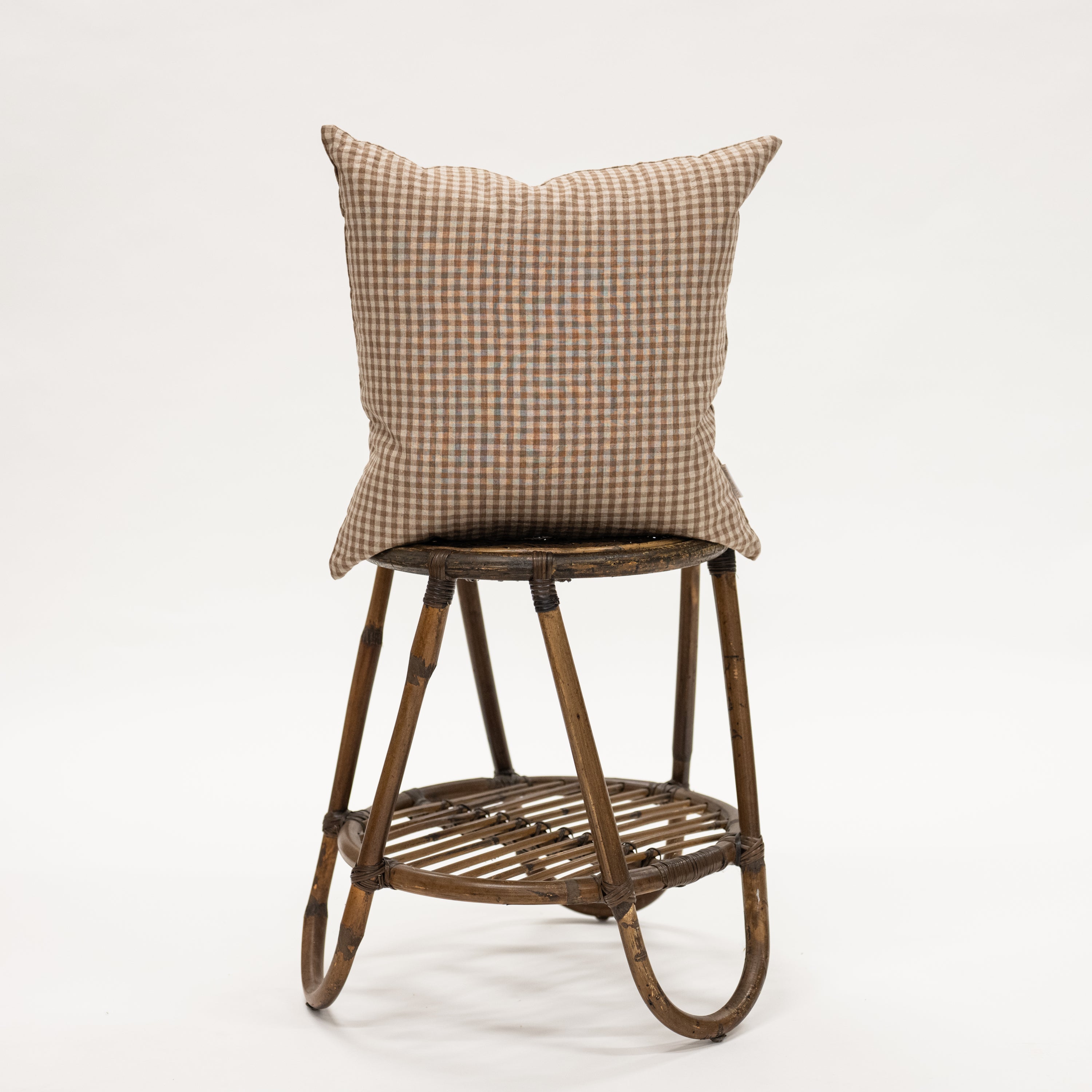 Beige & Brown Gingham Pillow - 20x20 inch size pillow for fall decorating on wicker stool