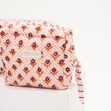 Pink Daisy Check Quilted Makeup Bag