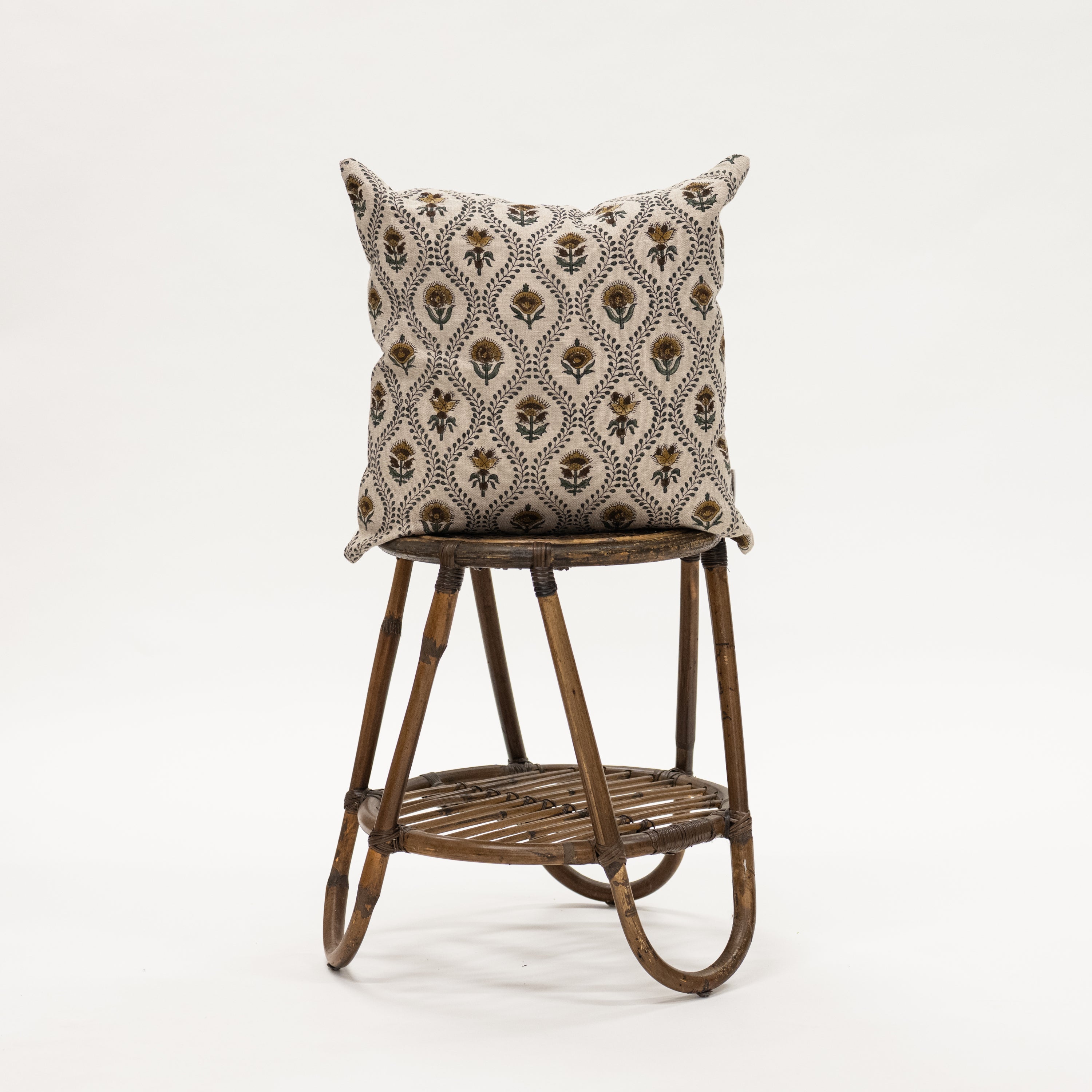 Mustard Floral Block Print Pillow - 20x20 inch size pillow for fall on wicker stool