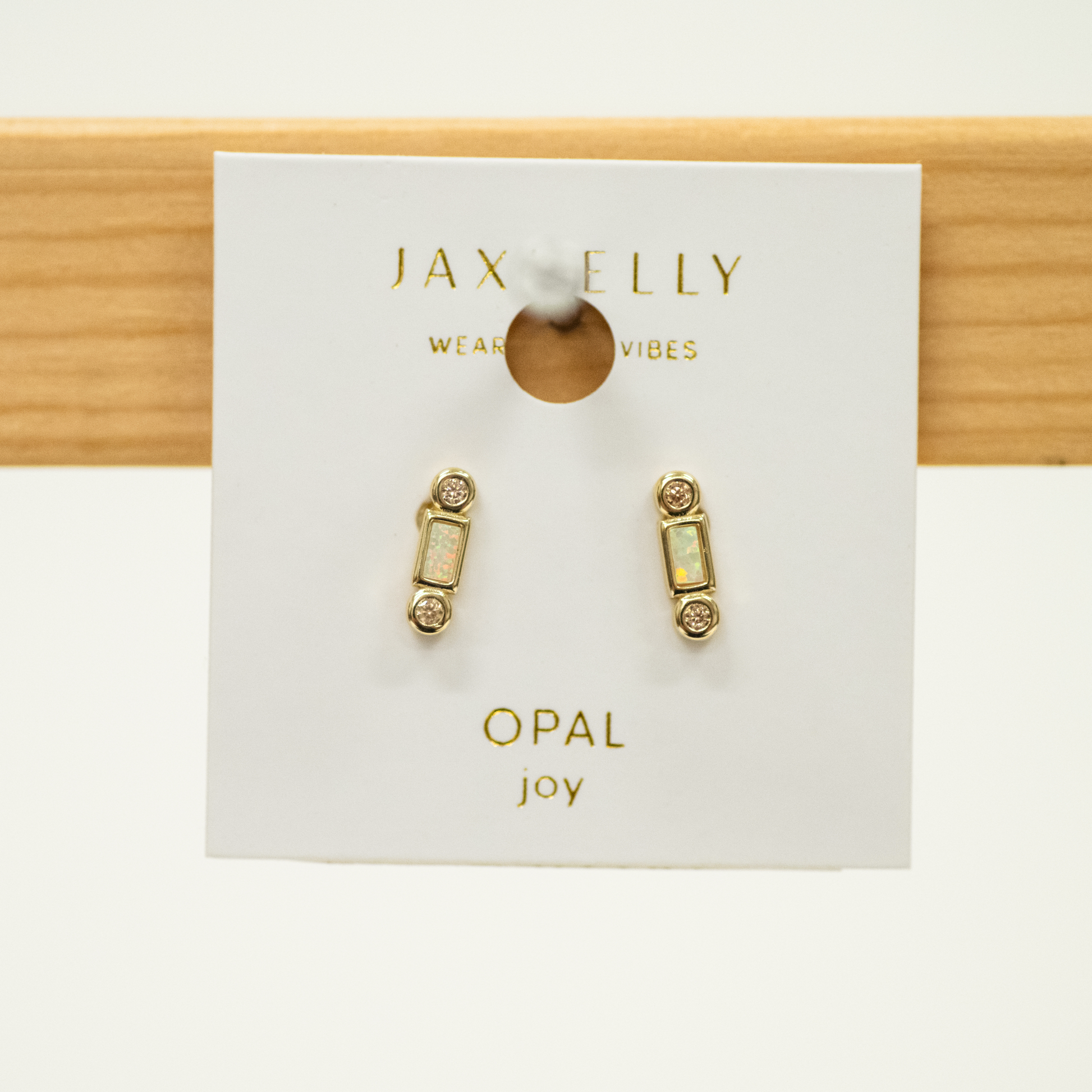 Opal Bar Stud Earring with bar shaped opal and two CZ stones set in gold