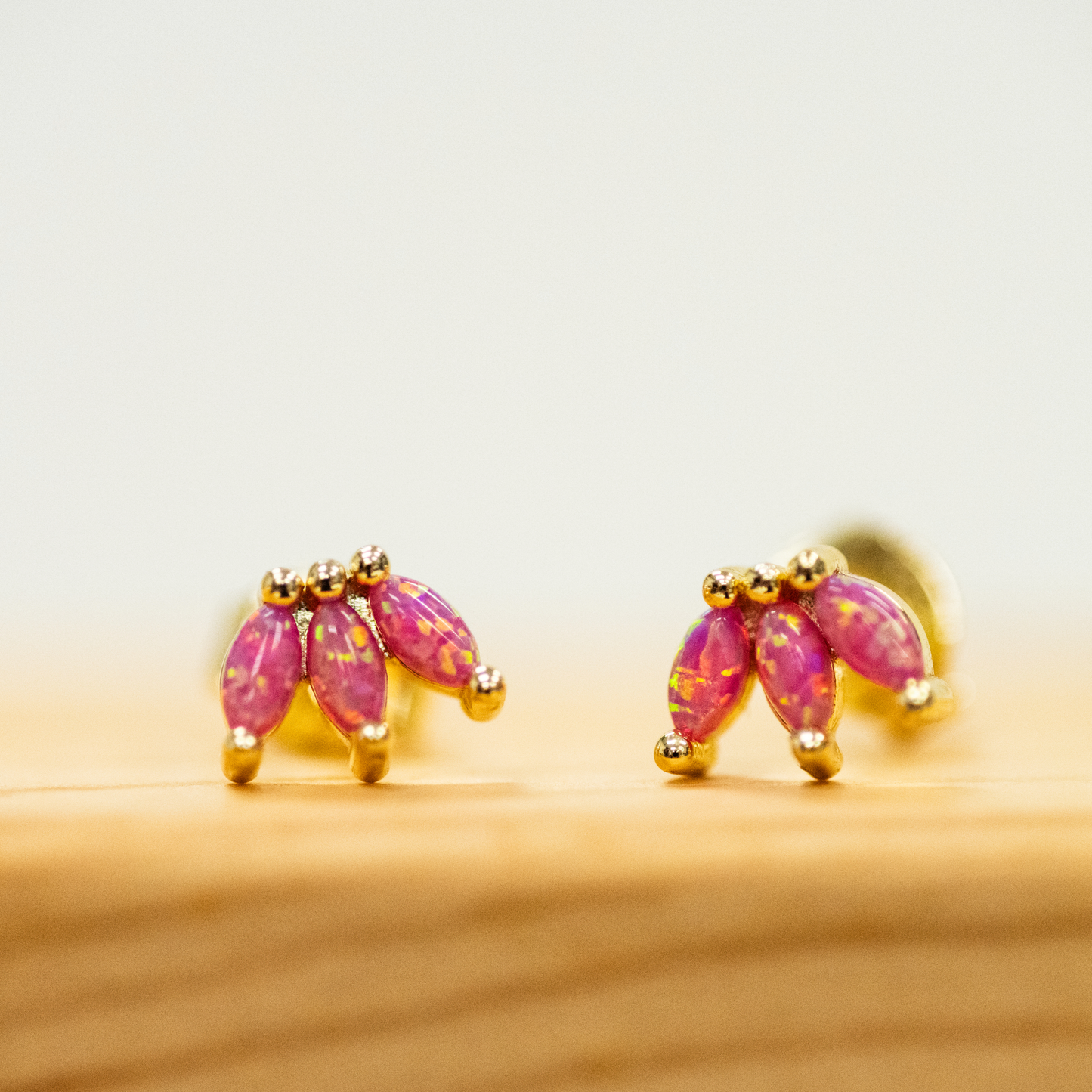 Pink Opal Crown Earring Stud with a trio of pink opals minimalist stud