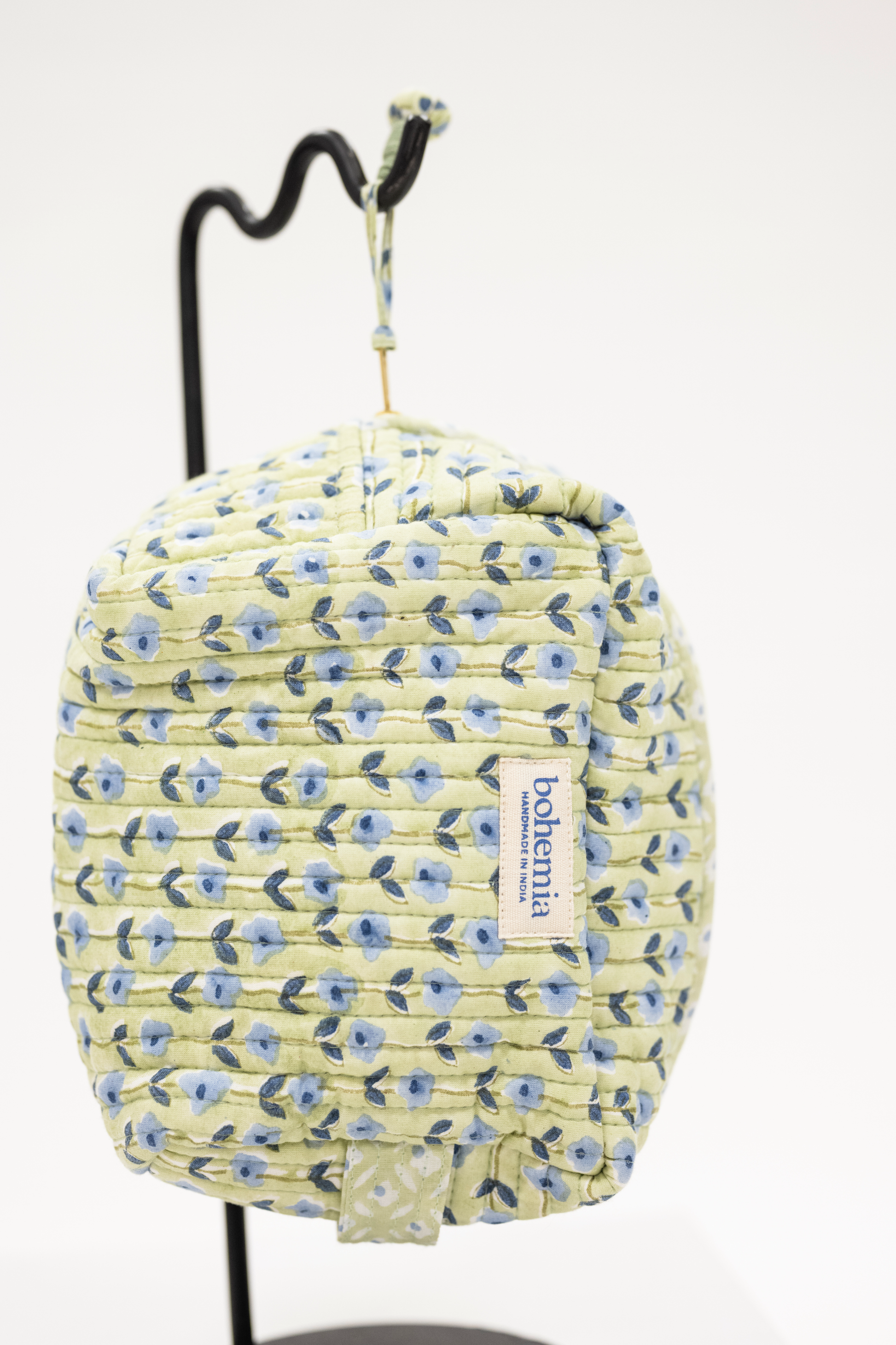 sage block print quilted travel makeup bag with waterproof liner