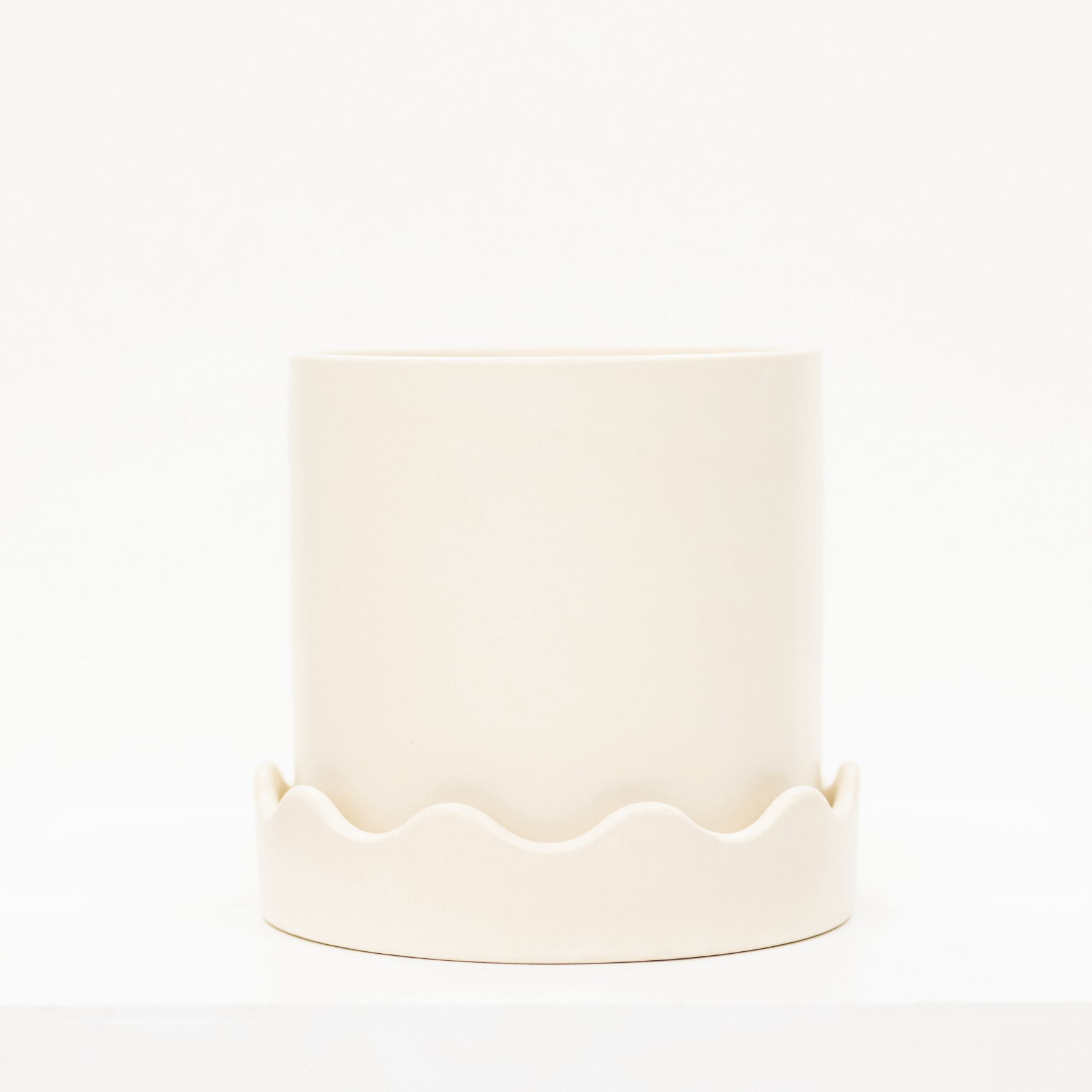 white ceramic plant with scalloped shaped saucer