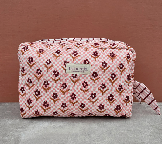 Pink Daisy Check Quilted Makeup Bag