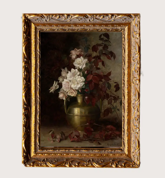 Antique Floral Brass Vase Framed Art: 8x10
