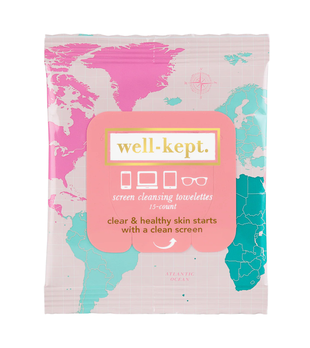 Pack of well-kept screen cleansing towelettes with a world map design on the packaging.