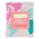 Pack of well-kept screen cleansing towelettes with a world map design on the packaging.