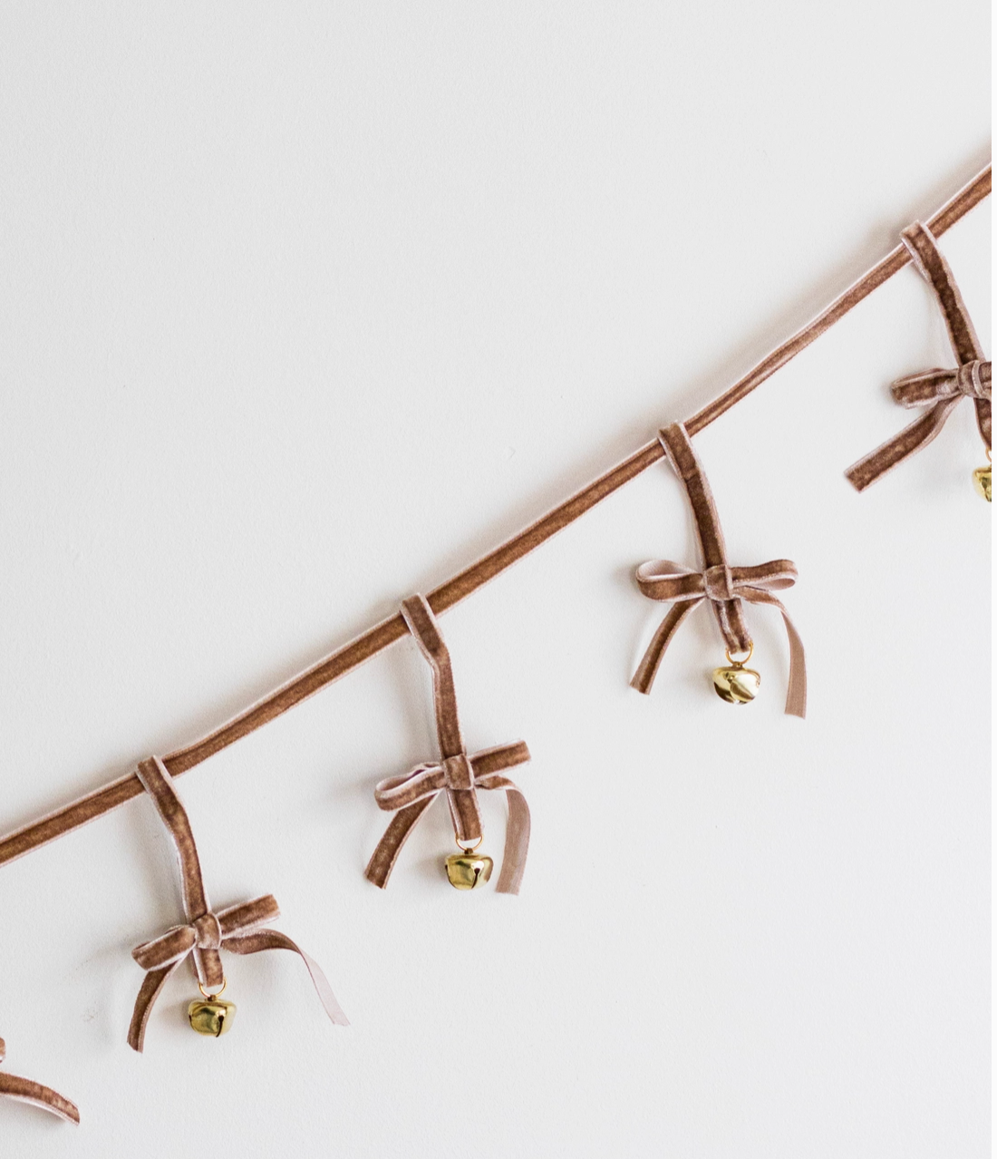 Velvet Bow Garland With Golden Jingle Bells - Taupe Velvet