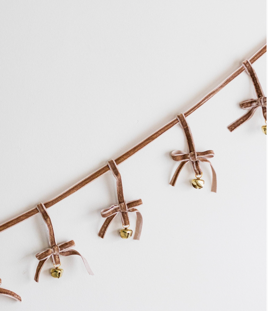 Velvet Bow Garland With Golden Jingle Bells - Taupe Velvet