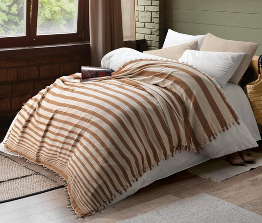 Caramel Striped Turkish Cotton Bed Blanket