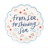Set of paper plates with patriotic pattern, including the phrase from sea to shining sea
