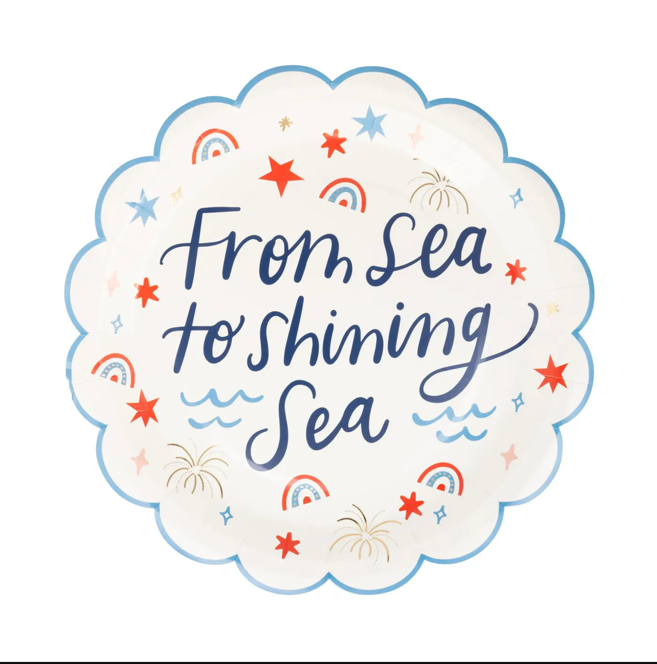 Set of paper plates with patriotic pattern, including the phrase from sea to shining sea