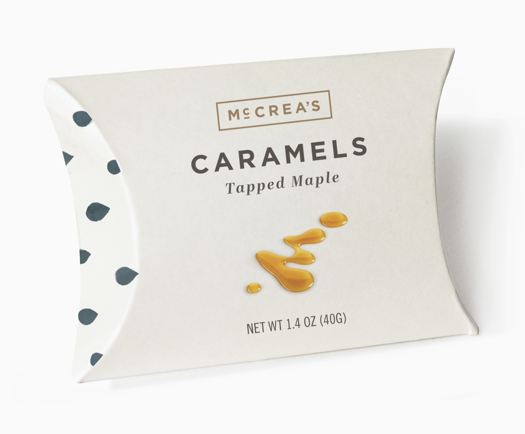 Box of McCrea's caramels flavored with tapped maple. Weighs 1.4 ounces.