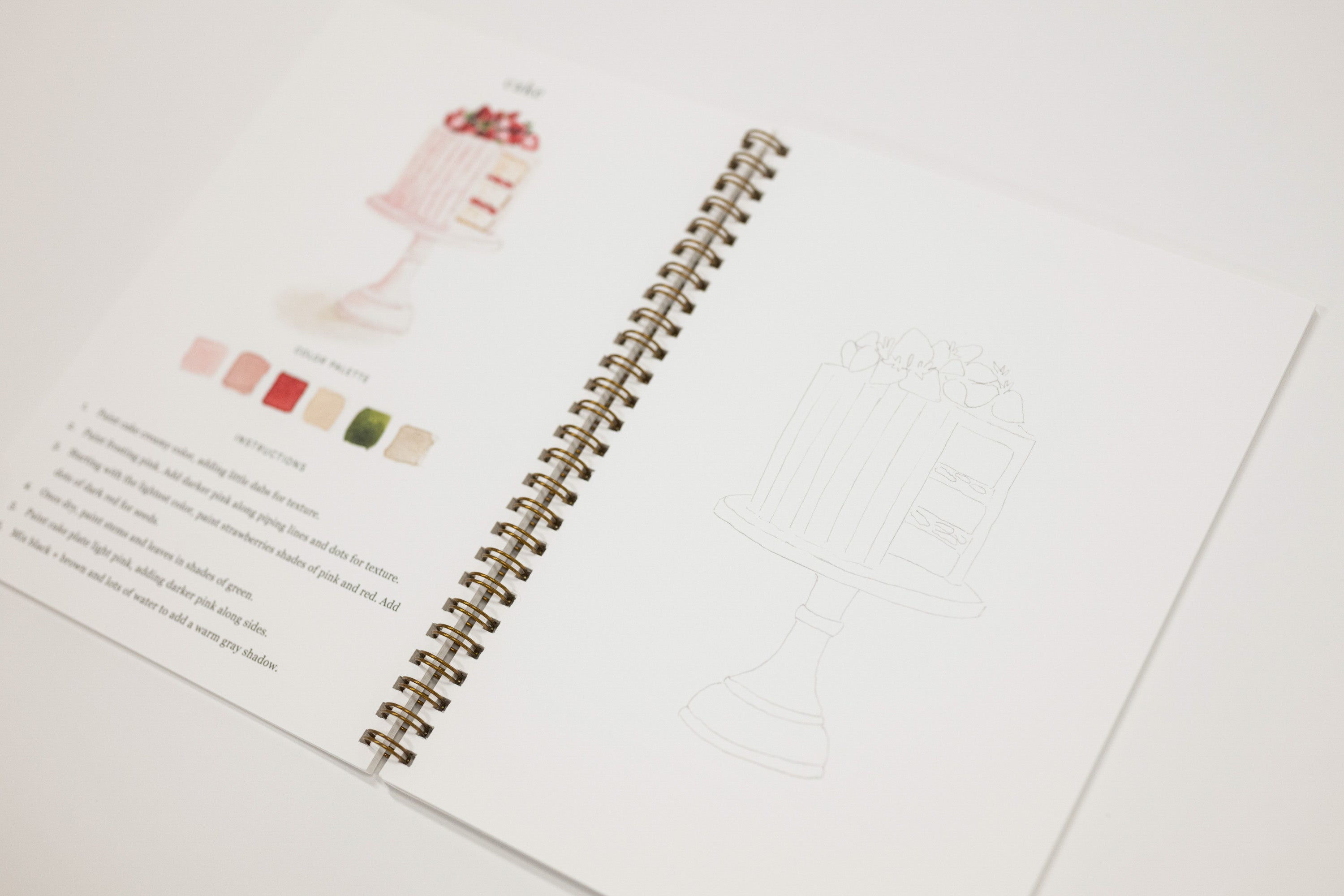 An open spiral-bound sketchbook or recipe-style notebook on a white background, showing printed cake illustrations, small color swatches, and faint line drawings on the pages.