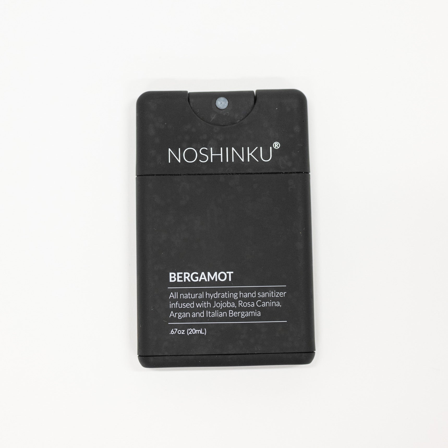 Noshinku Bergamot hand sanitizer in a black rectangular refillable bottle with white text, shown on a plain white background.