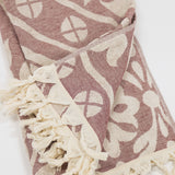 Patterned towel with tassels on a white background
