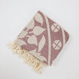 Decorative beach towel with mandala pattern and tassels on a white background