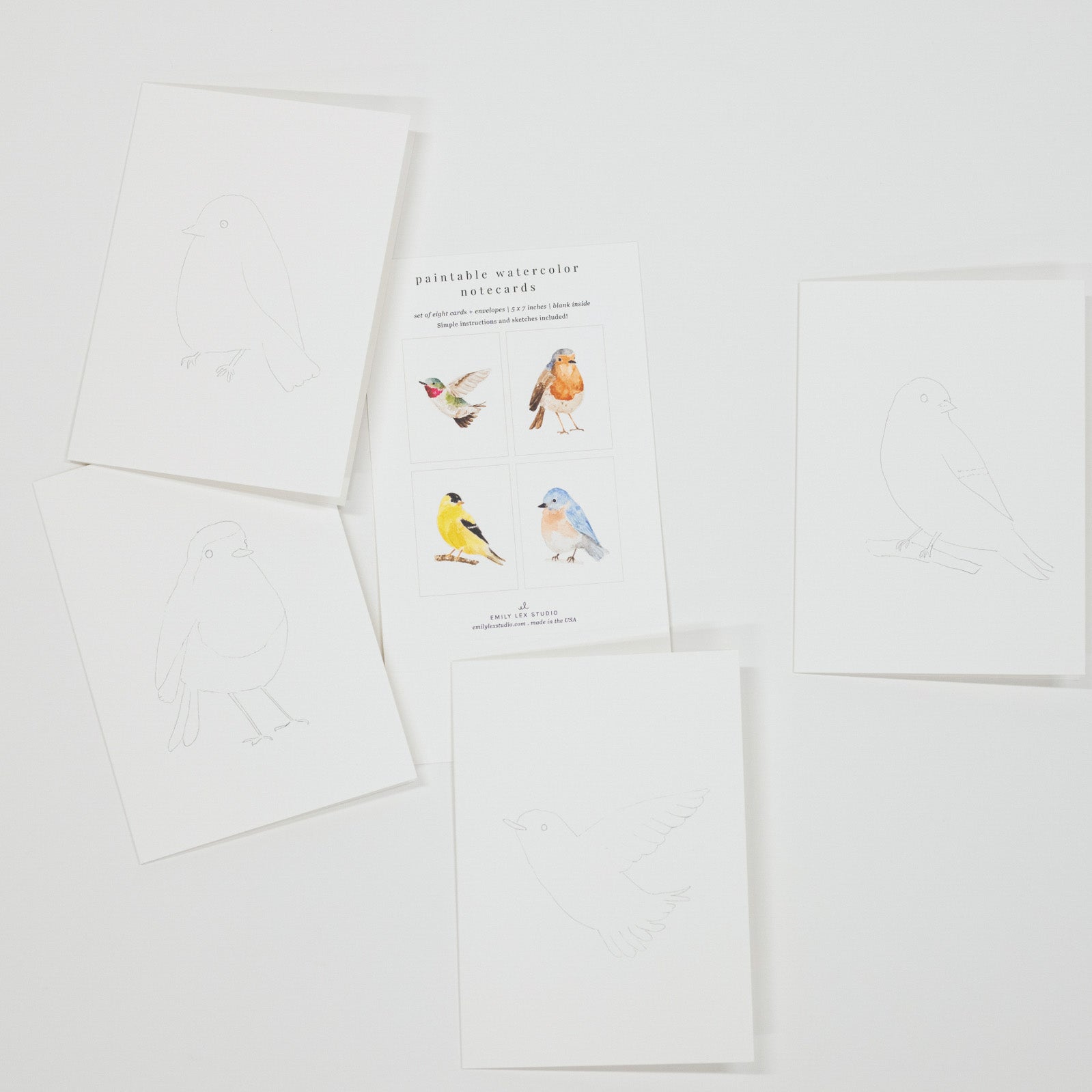 A set of white art cards featuring watercolor bird illustrations, arranged on a light gray background. One card in the center shows four colorful watercolor birds, while the surrounding cards display simple line drawings of birds.