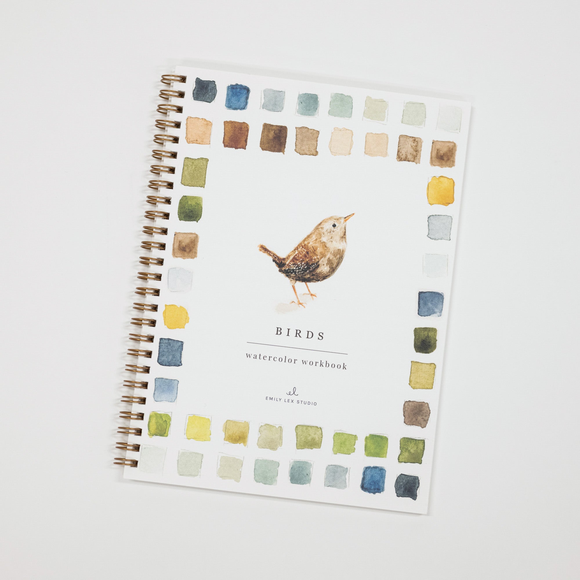 A spiral-bound watercolor workbook titled 'BIRDS' with a small bird illustration in the center and a border of watercolor paint swatches around the edges, shown on a light gray background.