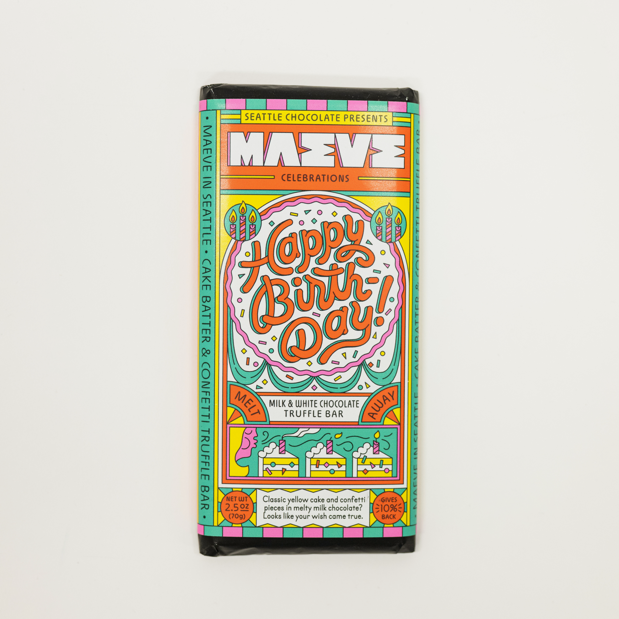 Seattle Chocolate Máeve Celebrations Happy Birthday truffle bar packaging on a white background