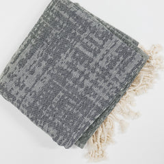 Gray textured beach towel on a white surface