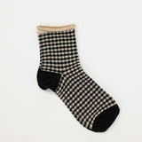 black and oatmeal Classic mini check cottage socks in a vintage design, perfect for casual and business casual wear. Comfortable cotton blend, machine washable.