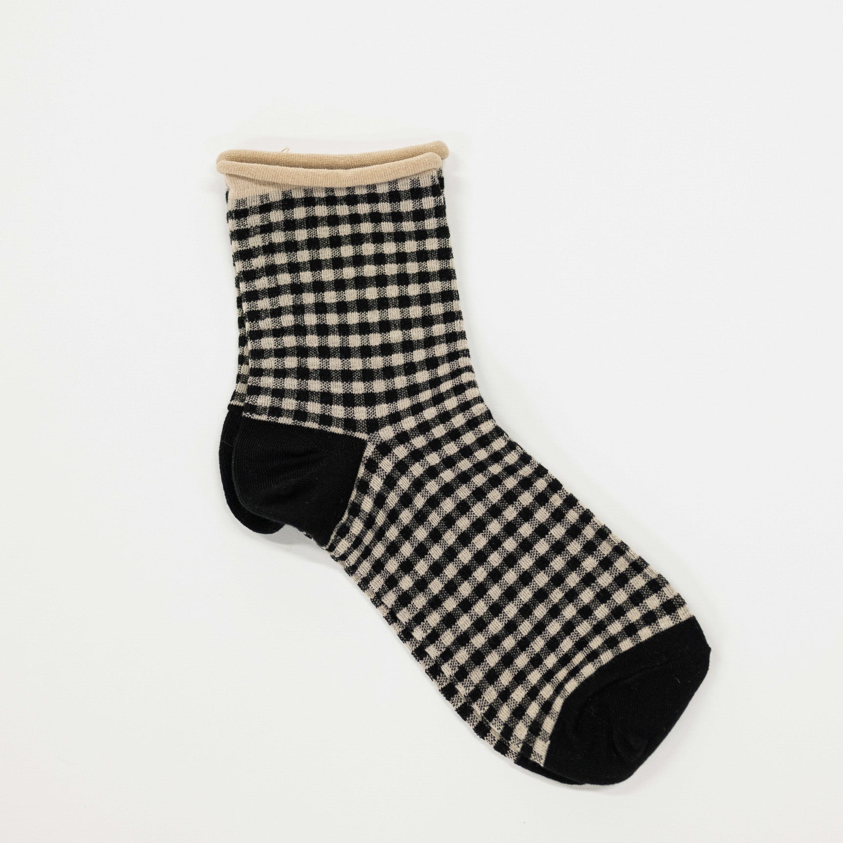 black and oatmeal Classic mini check cottage socks in a vintage design, perfect for casual and business casual wear. Comfortable cotton blend, machine washable.