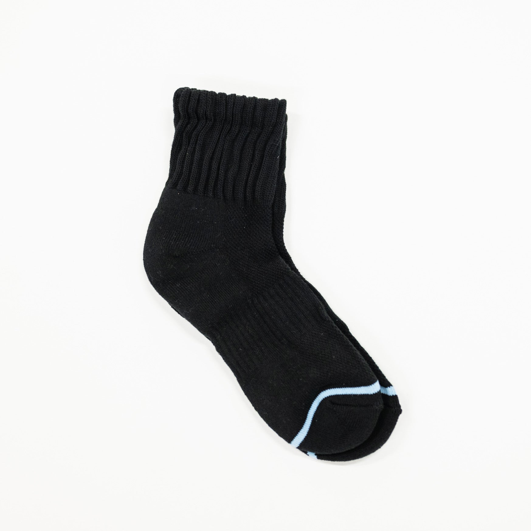 A single black ribbed ankle sock with a light blue accent line along the toe, displayed on a clean white background.