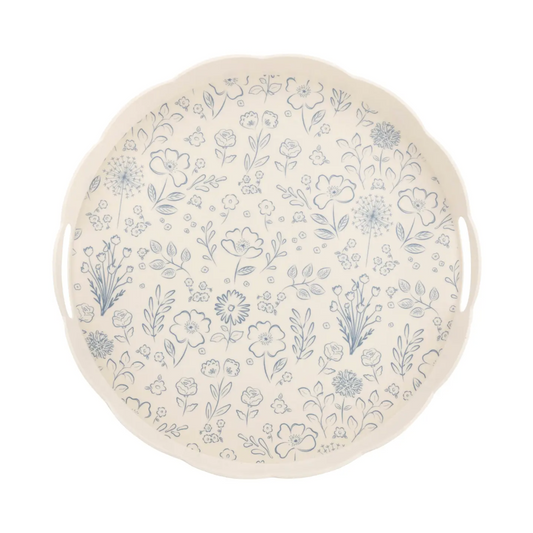 blue floral kitchen serving tray with scalloped edge