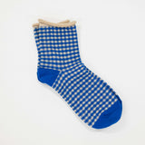 blue oatmeal classic mini check cottage socks in a vintage design, perfect for casual and business casual wear. Comfortable cotton blend, machine washable.