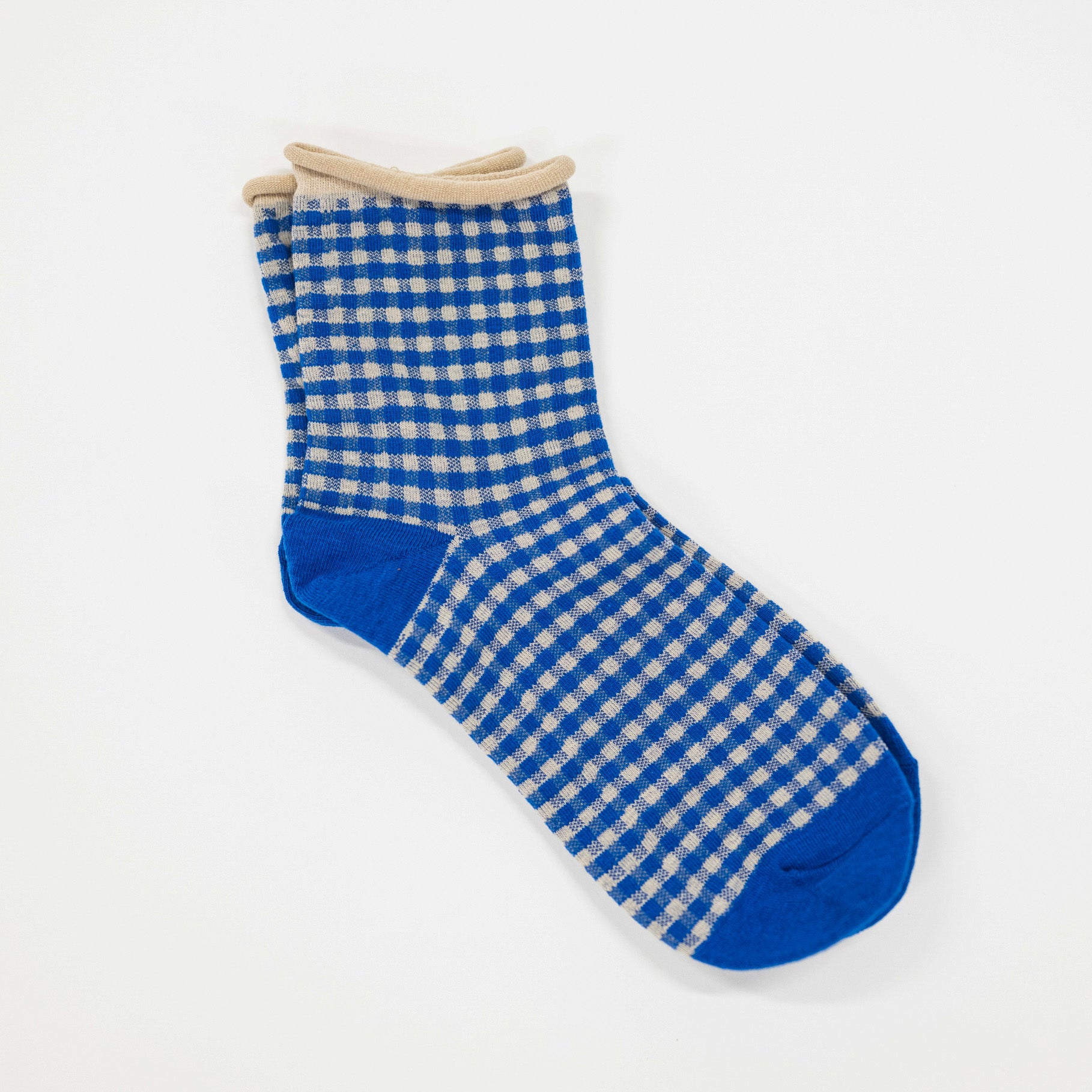 blue oatmeal classic mini check cottage socks in a vintage design, perfect for casual and business casual wear. Comfortable cotton blend, machine washable.